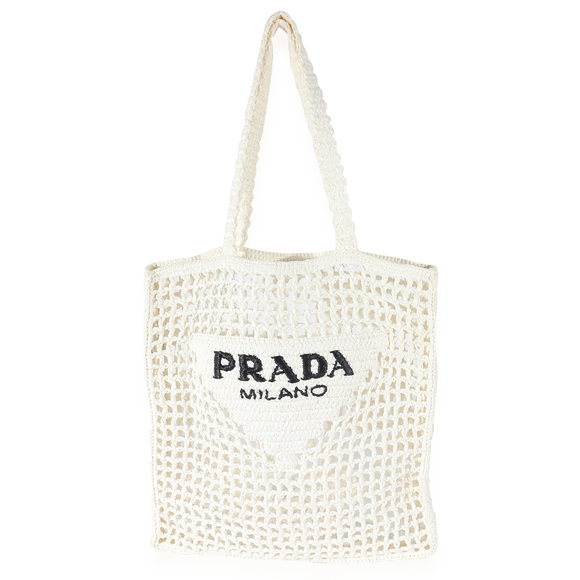 Prada Handbags - PRADA White Raffia Crochet Triangle Logo Tote